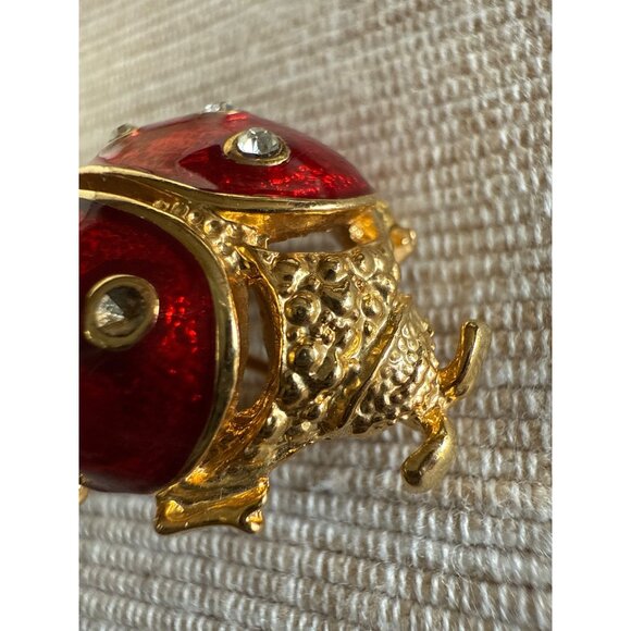 Vintage New View Gold-Tone & Red Enamel Ladybug Brooch With Rhinestone Accents - Picture 3 of 12